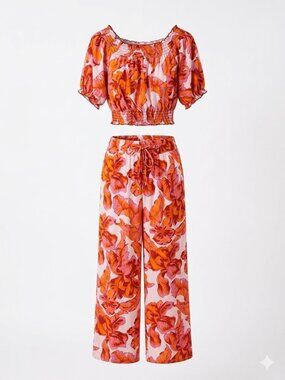2-Piece Tropical Print Co-Ord Set Smocked Crop Top Wide Leg Pants Size M
